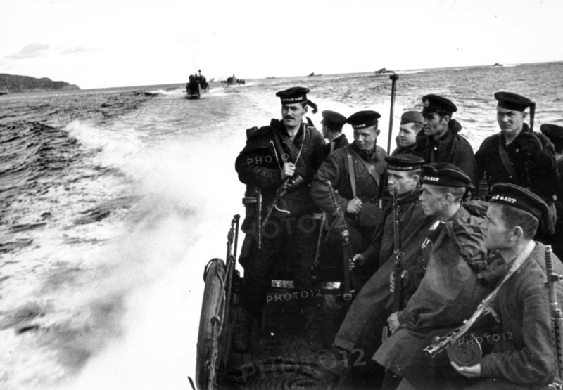 An amphibious marine force is disembarked from the ships of the soviet north fleet in 1942.
