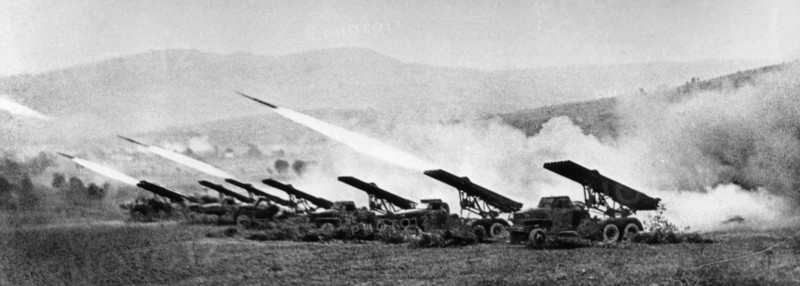A battery of soviet katyusha rockets firing in the carpathian mountains during world war 2, 1944.