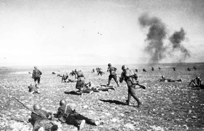 Red army infantry attacking in the stalingrad area during world war ll.