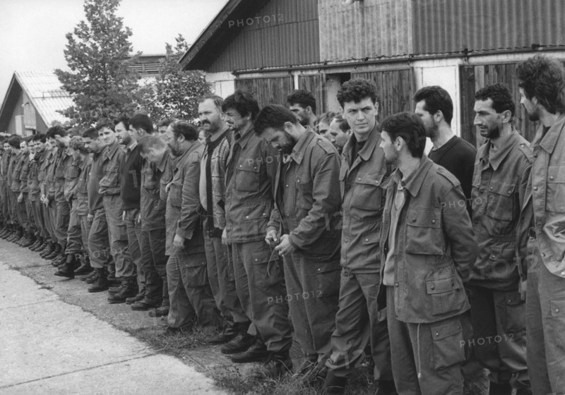 Croatian prisoners of war (members of croatian national guard) in manjaca concentration camp near banjaluka, serbia, 1991-1992, former yugoslavia.