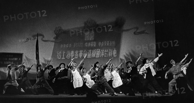 A scene from 'the january storm', a full-length song and dance drama jointly staged by the revolutionary artists of the shanghai experimental opera theater and worker amateur performers, it was the first stage representation of the january revolution, july 22, 1967.
