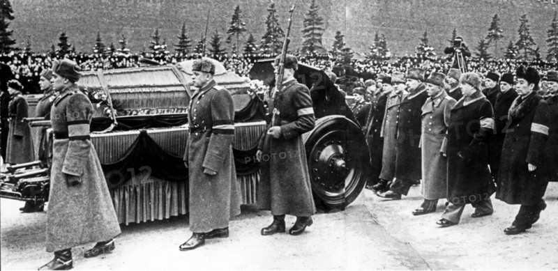 Personalities following the coffin of stalin as it is borne on a gun caisson through red square, moscow, march 9, 1953, right to left: premier zhou en-lai, premier g, m, malenkov, marshal k, voroshilov, l, kaganovich, marshall n, bulganin, v, m, molotov.