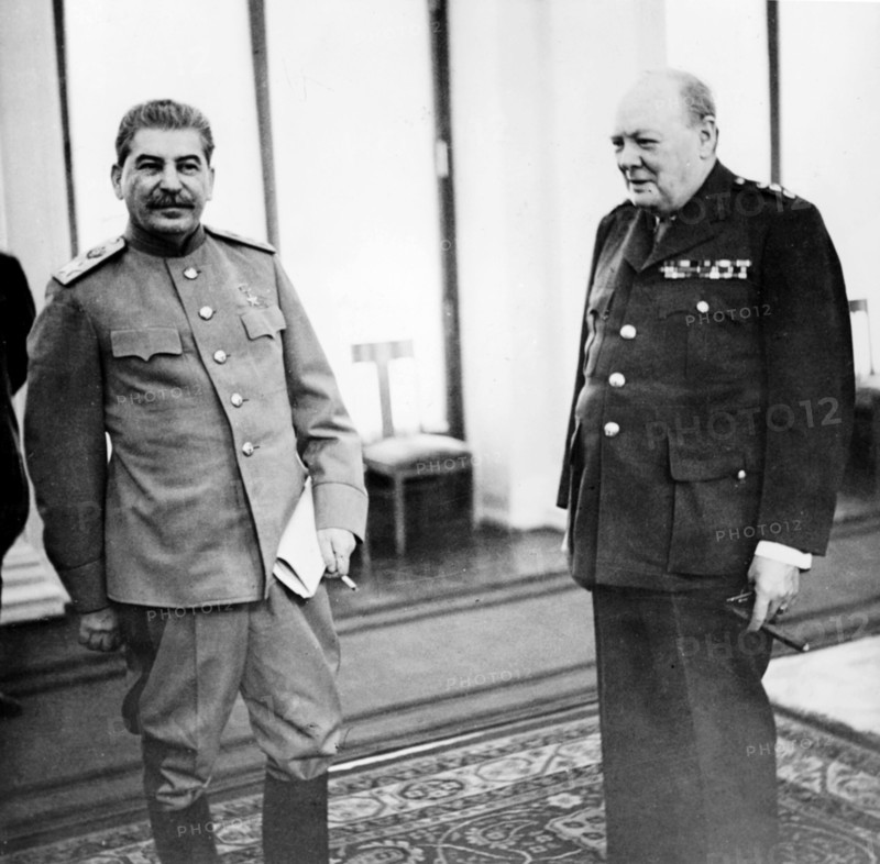 Stalin and churchill in the conference room of the livadia palace during the yalta conference, crimea, feb, 1945.