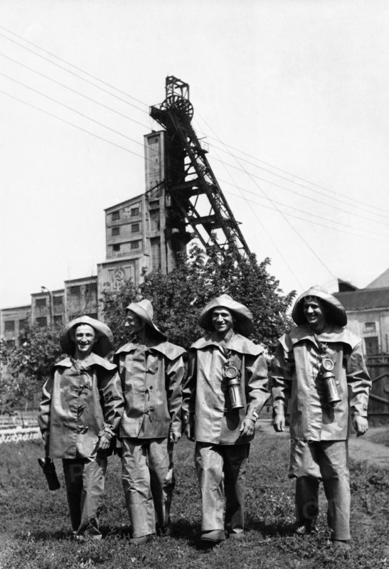 Mining family, alexander ivanovich torba (3rd from left) and his three sons (l to r), vladimir, nikolai, and viktor, at the start of their shift at the 'nikitovka' mine no, 4-5 in gorlovka, stalino region, ukrainian ssr, 1954.