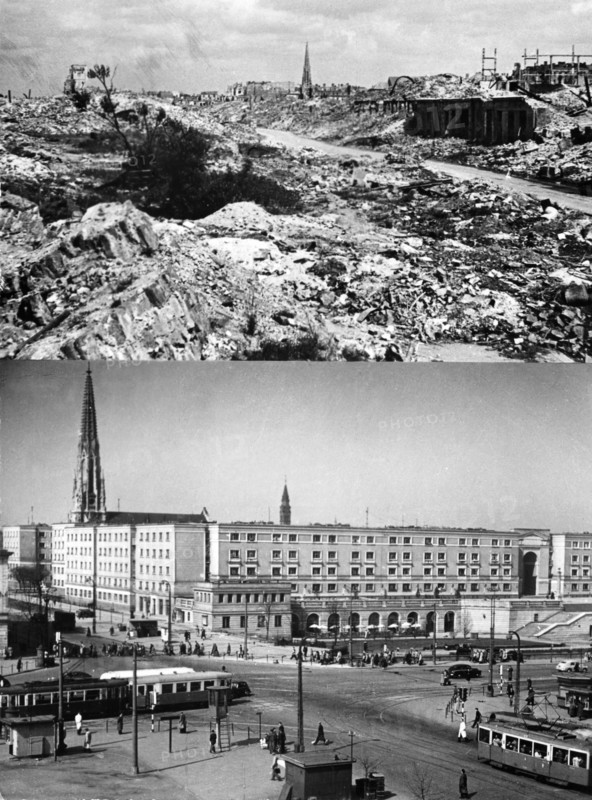 Muranow, the site of the warsaw ghetto, at the end of world war ll (above) and in the late 1950s after it was rebuilt (below), poland.