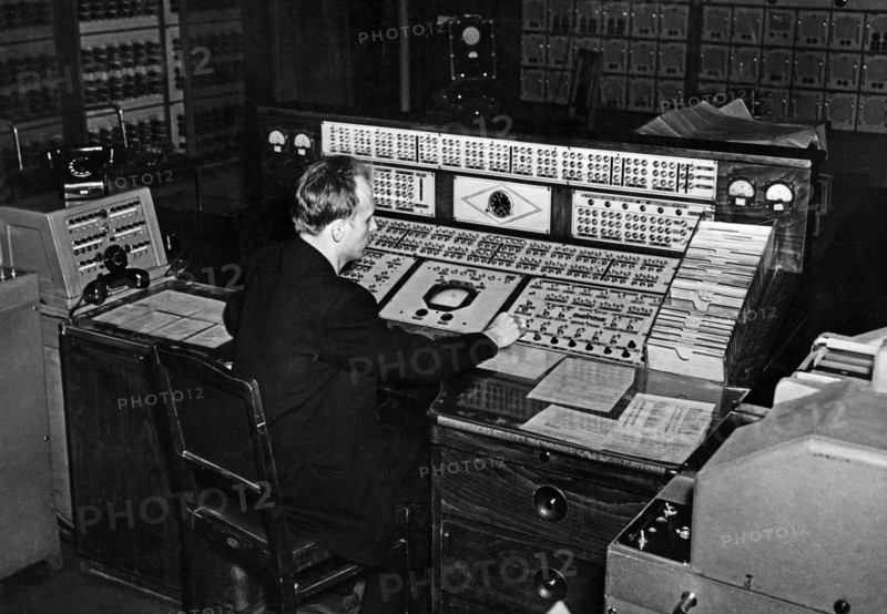 A technician at the control board of the strela-1, a general purpose computer at the calculating center of moscow's ussr academy of sciences, 1950s.