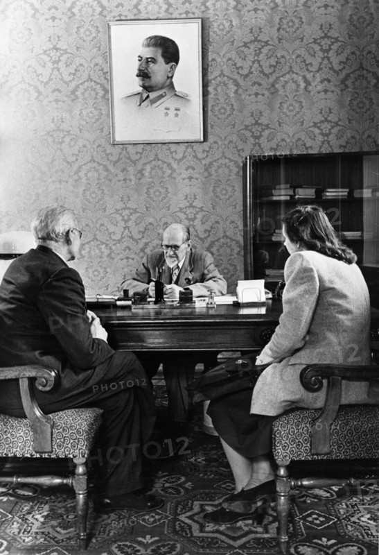 August kirchenstein, chairman of the presidium of the supreme soviet of the latvian ssr receiving visitors on the occasion of the 10th anniversary of soviet latvia, june 1950.