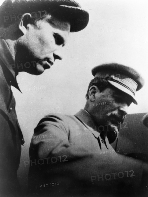 Nikita khrushchev and joseph stalin, may 1, 1932.