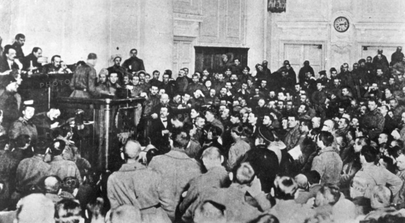 Russia 1917: session of the workers' and soldiers' deputies council in the state duma building.