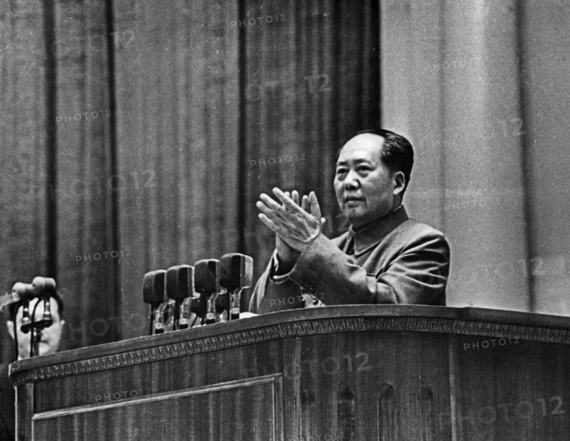 Mao tse-tung (zedong), chairman of the people's republic of china, speaking at the jubilee session of the ussr supreme soviet dedicated to the 40th anniversary of the october revolution, moscow, 1957.