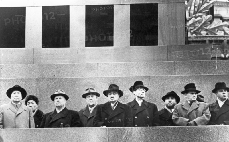 Mao zedong, n,s, khrushchev, n,a, bulganin, a,i, mikoyan, m,a, suslov, kim il sung, v, siroki (czechoslovakia), and enver hoxha (albania) on the tribune of the lenin-stalin mausoleum during the november 7th parade, 1957.