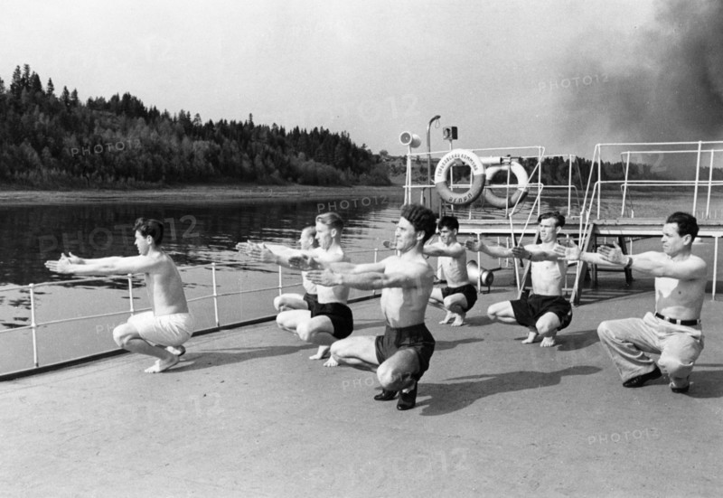 Soviet health resorts, morning exercises aboard a floating health spa for workers, july 1951.