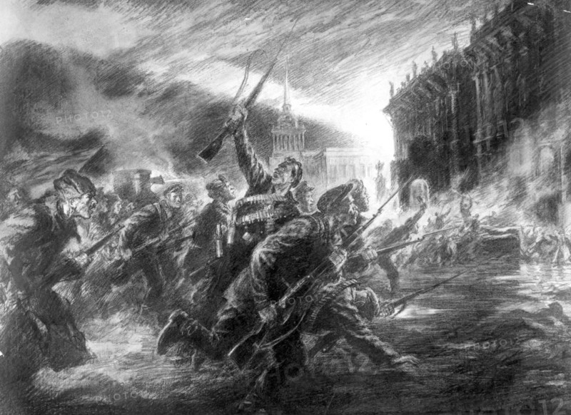 The storming of the winter palace in petrograd in october, 1917' - a drawing by v, shcheglov.