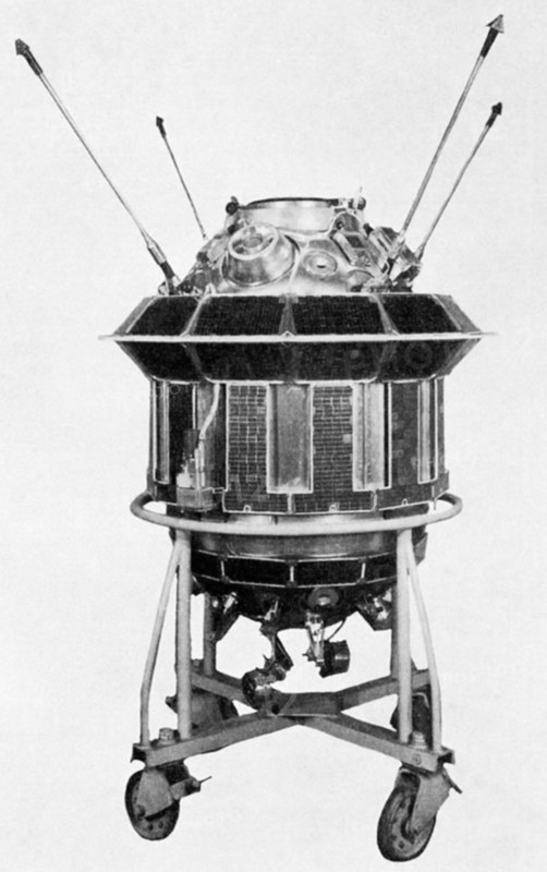 Soviet lunar probe, luna 3 on it's assembly carriage, ussr, 1959.
