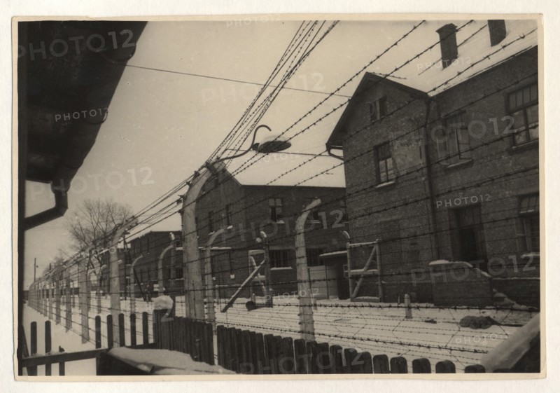Photo-series on the hitlerite death camp in oswiecim,  person who entered the gate of oswiecim never returned from there,  the camp was surrounded by a barbed wire fence charged with high tension electric current, february, 1945.