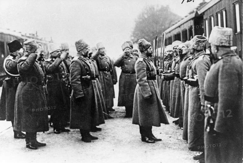 The first world war, emperor nicholas ll, supreme commander-in-chief, listening to a report of the guard of honor at the western front in march 1916.