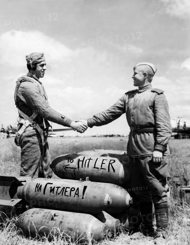 Hands across the world' symbolizes the vow of two great allies, the united states and russia, sargeant anthony gioia, a waist gunner in a b-17 flying fortress who took part in the first american shuttle mission to russia, shaking hands with a red army soldier, 1944.