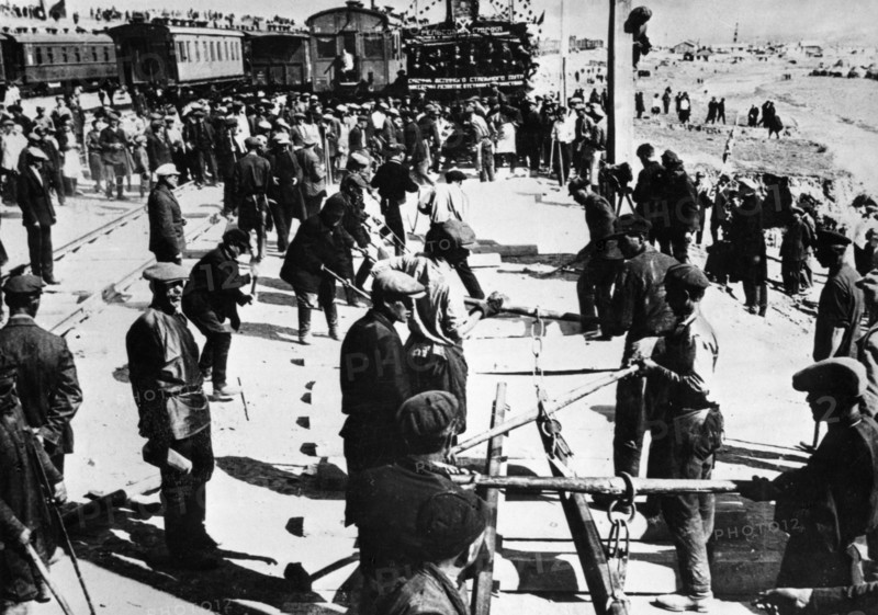 The last ties being laid for the trans-siberian railroad in 1916 (?).