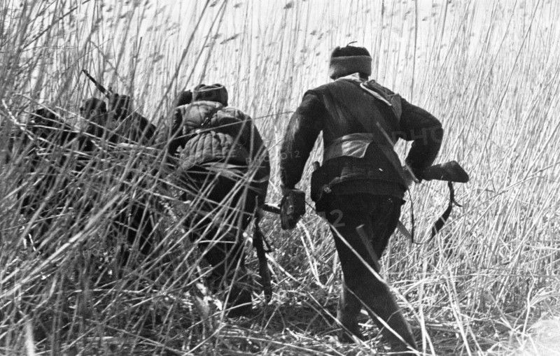 World war 2, russian partisans on their way to an ambush behind enemy lines, july 1942.