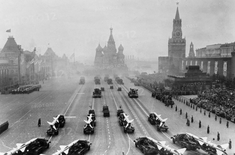Sam 2 missiles (guideline) on parade in red square, moscow, ussr, november 7th, 1957.