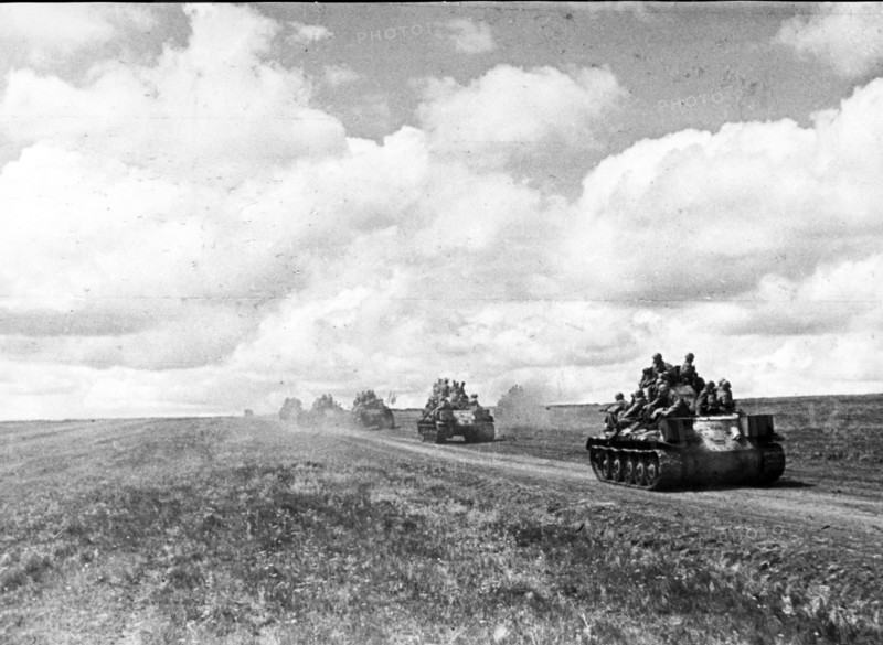 Red army tanks move into forward positions in kursk bulge in july 1943.