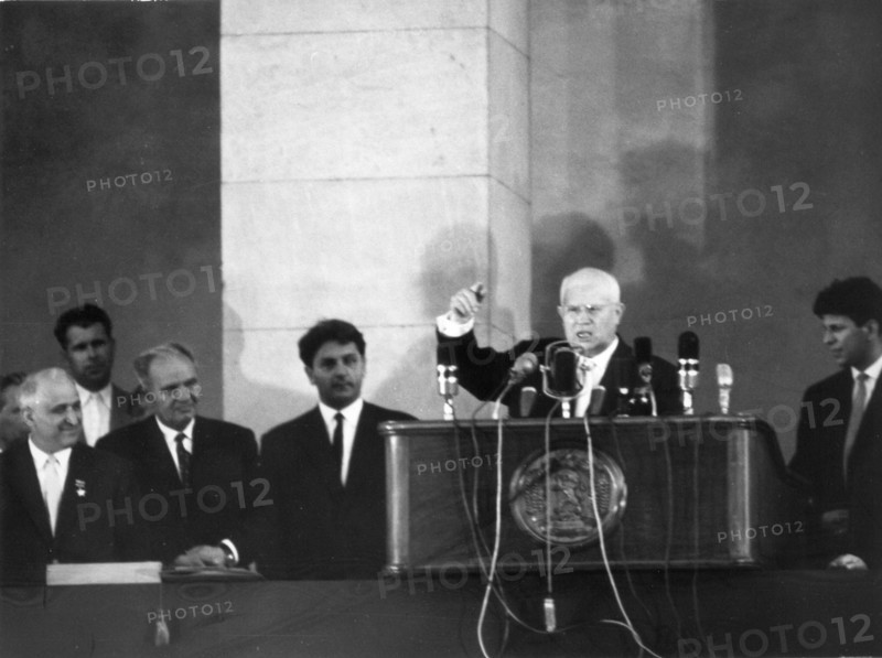 Nikita s, khrushchev first secretary of the central committe of the cpsu (communist party of soviet union) speaking at a rally in sofia, bulgaria in may 1962.