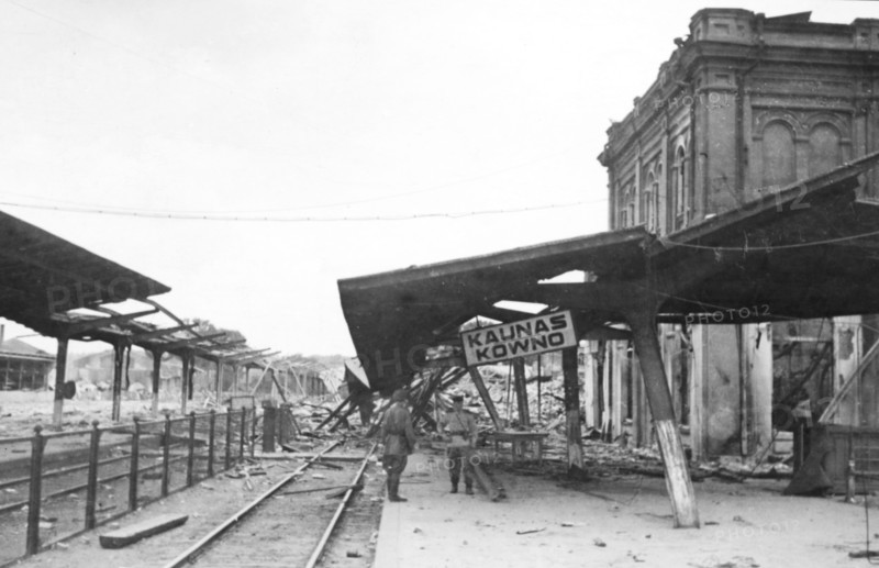 The railway station at kovno(kaunas), destroyed by the germans in their retreat, world war ll.
