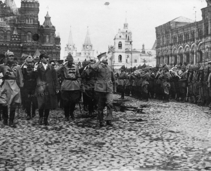 Leon trotsky, people's commissar for military and naval affairs, at a military parade in red square in honor of the third congress of the communist interantion (third international), moscow, soviet union, 1920.