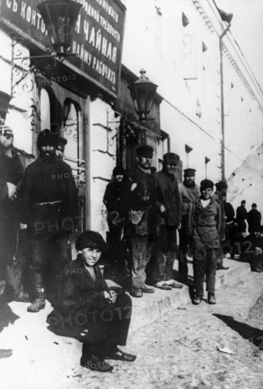 Unemployed day laborers in front of an employment agency in moscow in the 1890s.