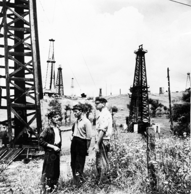 Oil derricks in the prahova valley in rumania in 1950s.