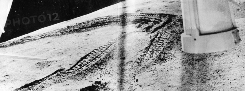 Luna 21 mission, tracks on the surface of the moon made by the soviet remote-controlled lunar rover, lunokhod 2, part of a series of panoramic images taken by the rover on february 18, 1973.