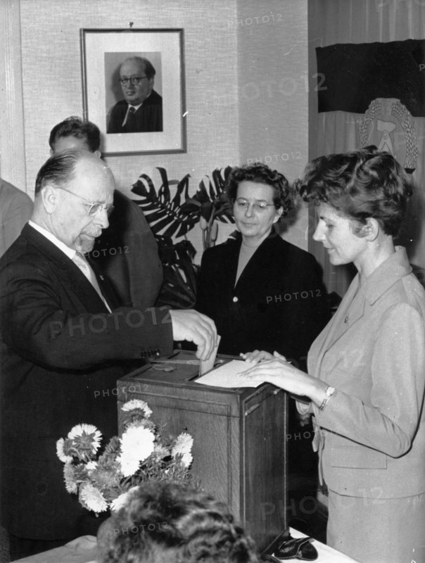 Walter ulbricht, gdr state council chairman, and other representatives of the gdr voting for the candidates of the national front in berlin during local elections on september 17, 1961.