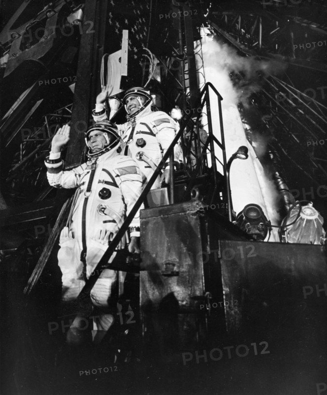 The crew of the soviet space mission soyuz 14 (l to r) commander pavel popovich and engineer yuri artyukhin right before entering the spacecraft prior to launch, july 3, 1974.