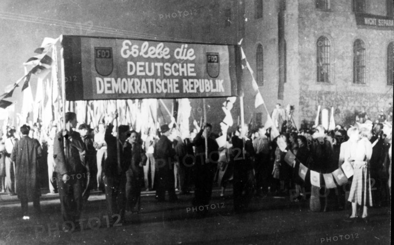 A mighty demonstration was held in berlin in the evening of october 11, 1949 on the occasion of the foundation of the gdr on october 7, 1949, the demonstration was led by members of the free german youth organization.