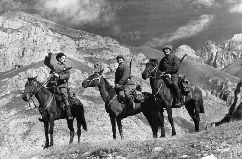 Mounted red army scouts in the mountains of the northern caucasus, november 1942, world war ll.