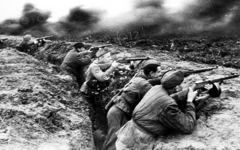 Red army guardemen firing at the enemy on the western front, during world war ll.