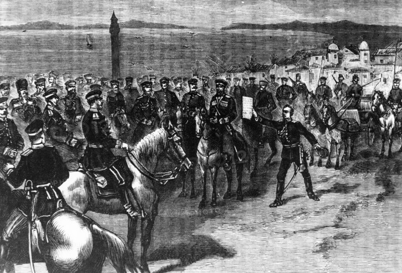Russo-turkish war, 'the count nicolai p, ignatiev, russian ambassador in istanbul, too late for the fighting,brings the peace treaty signed insan stefano,' march 3, 1878.