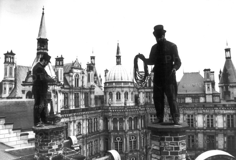 Chimney-sweepers on the roof of schwerin palace, 1983.
