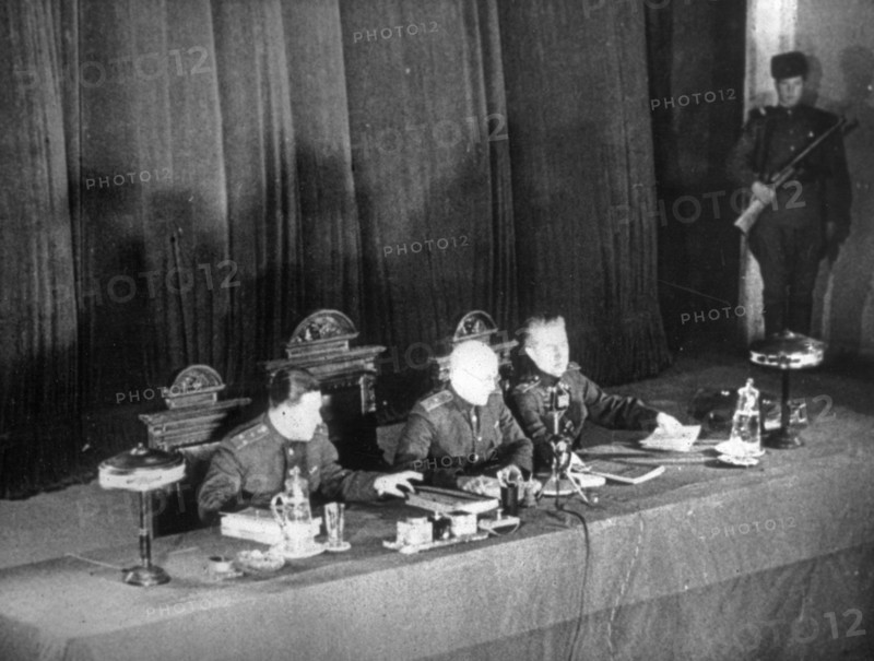World war 2, december 15, 1943, still from a film on the kharkov trial produced by artkino, the military tribunal of the fourth ukrainian front in session at kharkov.