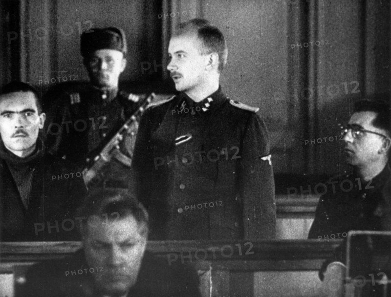 World war 2, december 15, 1943, still from a film on the kharkov trial produced by artkino, hans ritz on the stand, describing his crimes.