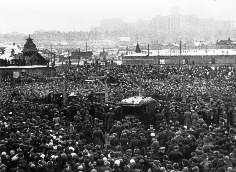 World war 2, december 19, 1943, still from a film on the kharkov trial produced by artkino, a long shot of the crowd at the execution.