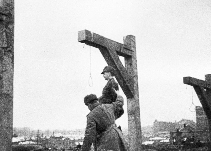 World war 2, december 19, 1943, still from a film on the kharkov trial produced by artkino, hans ritz being placed in the noose.