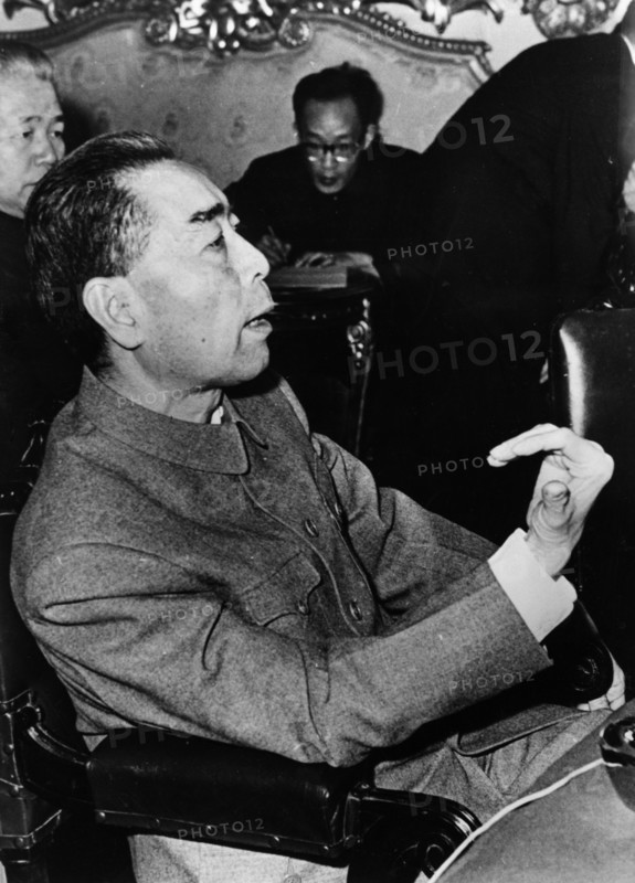 Chinese premier zhou enlai giving a press conference in cairo, egypt before going on to algeria, morocco and albania, december 1963, he said his trip did not include the soviet union.