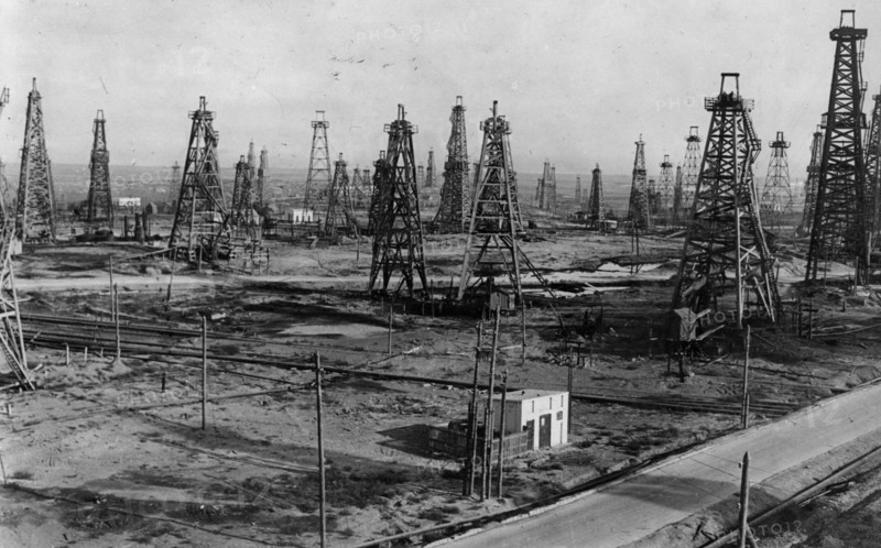 Panorama (2 of 3) of the l, kaganovich oil fields in baku, azerbaijan ssr, 1930s.