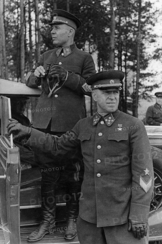 Marshal timoshenko and general georgy zhukov during military maneuvers, fall 1940.