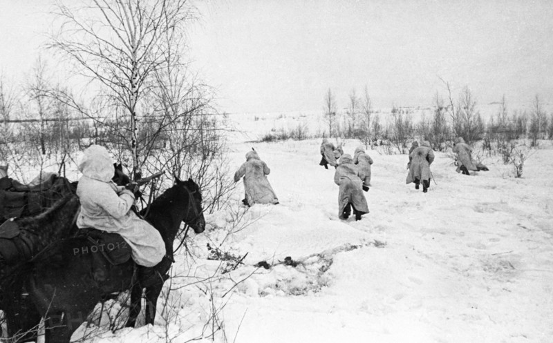 Dismounted soviet cavalry troops attacking german lines, march 1942, ww  2.