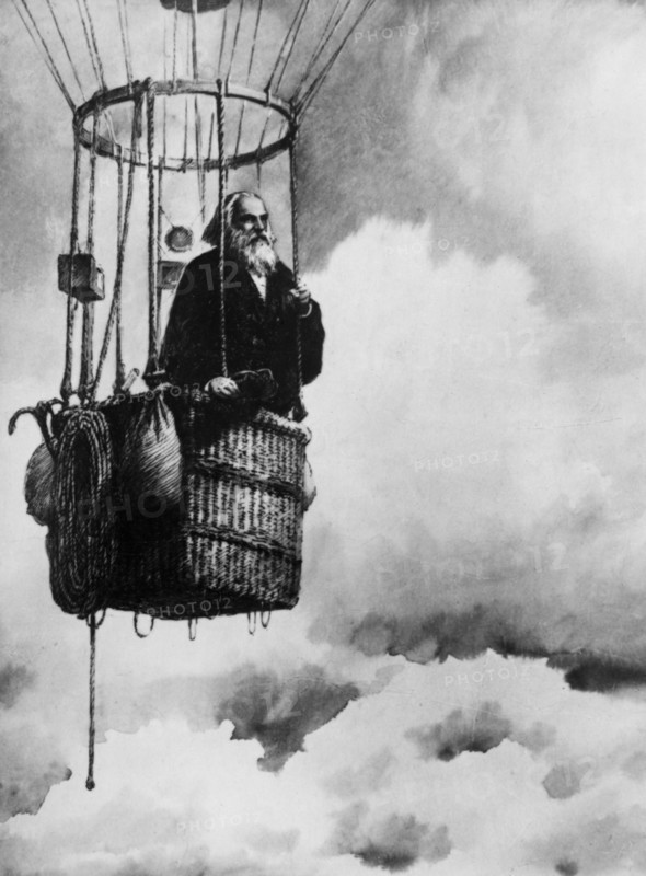 A drawing showing dimitri ivanovich mendeleev making a balloon flight in 1887 to study the upper strata of the atmosphere.