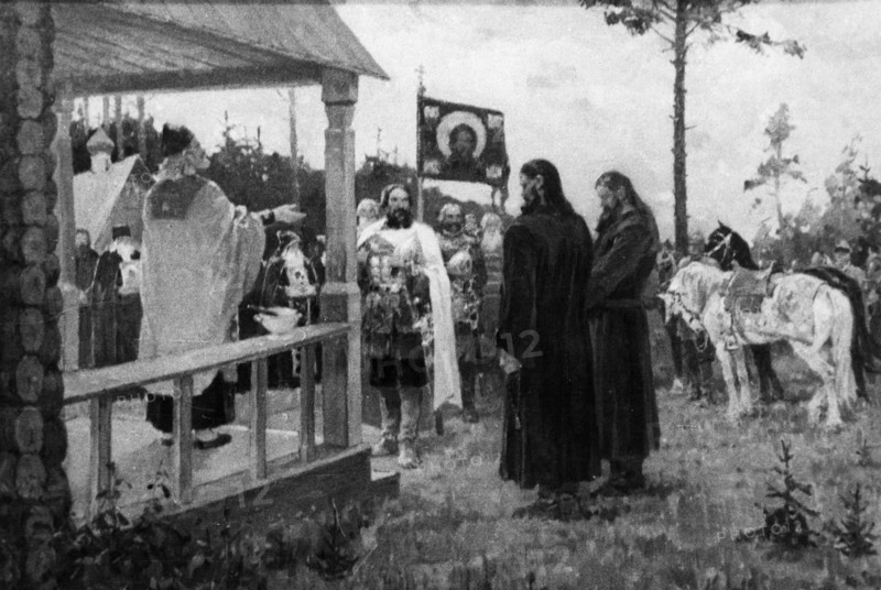 Dmitri donskoi calling on sergei radonezhsky' painting by m, avilov, 1944.
