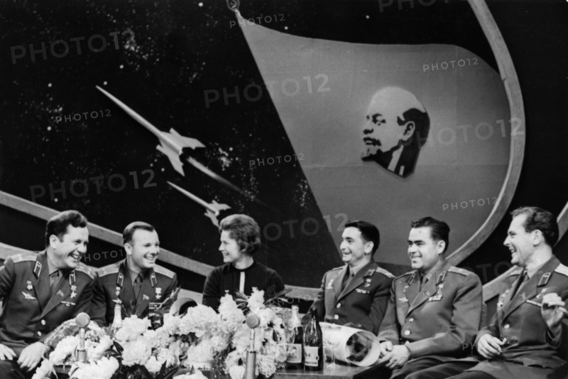 Soviet cosmonauts during television show broadcast from the central tv station in moscow, ussr, june 1963.