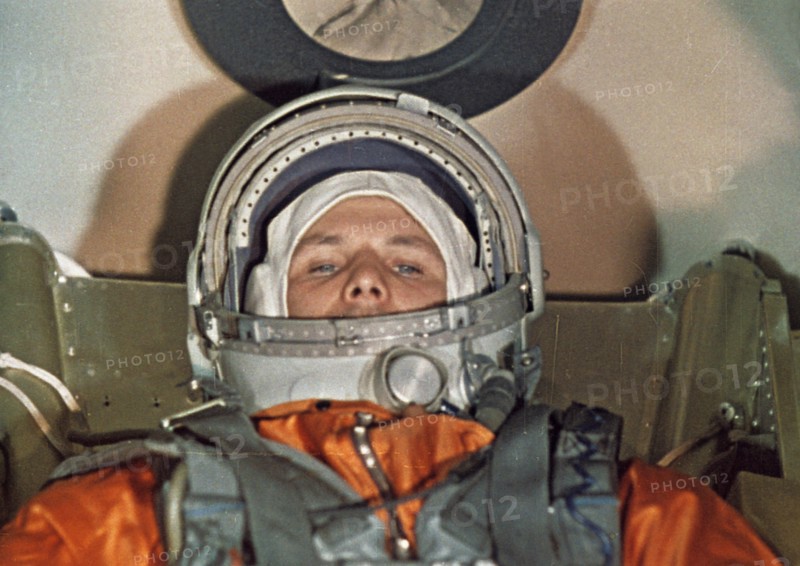 Cosmonaut yuri gagarin inside the vostok 1 space capsule just prior to his flight, 1961.
